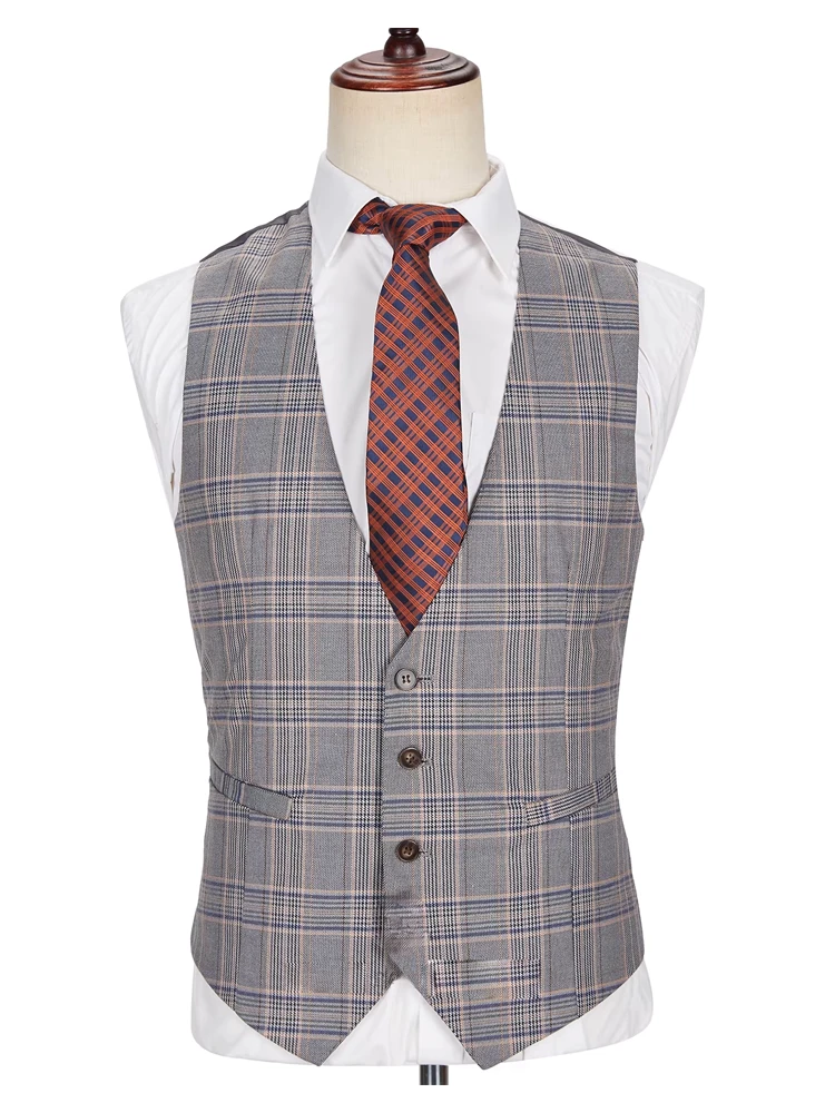 Mens Red and Grey Plaid 3-Piece Suit with Vest - Modern Fit Peak Lapel By Dominique Wilson
